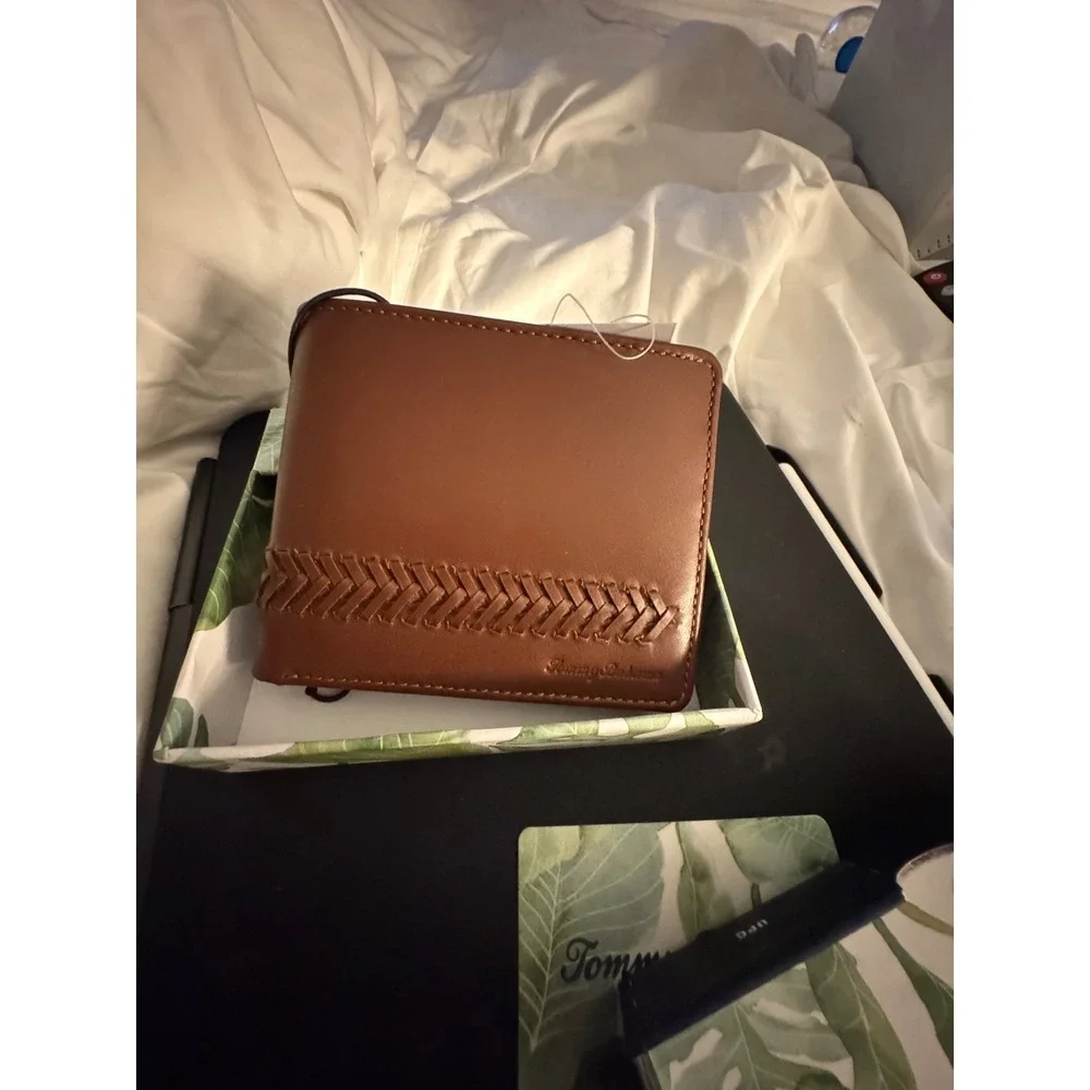 Tommy Bahama Tan Leather Wallet with Braided Detail New With Box